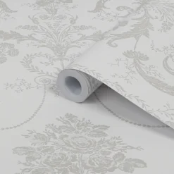 Laura Ashley Josette Dove Grey & White Damask Smooth Wallpaper